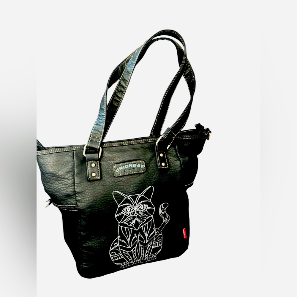 UnionBay retro black pleather shoulder tote bag Black Cat